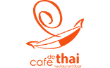 Thai bowl with abstract steam on top with cafe de thai restaurant and bar spelled out below in different sizes and font weights. Everything is a darker orange color.