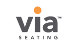 Via Seating with TM spelled out with a large via over smaller seating. Via has an orange circle to dot the i.